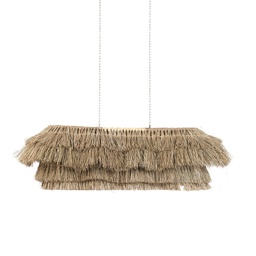 A high ceiling seagrass pendant in a layered structure.