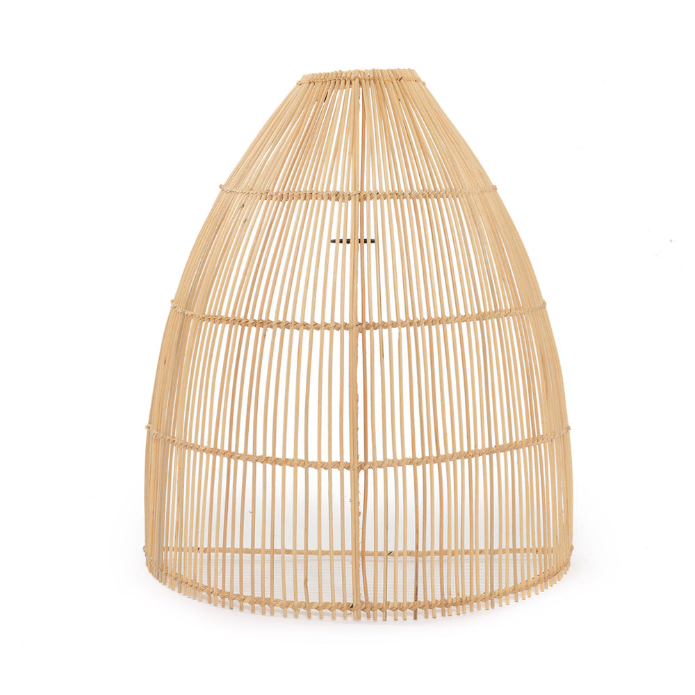 A handcrafted rattan wall applique designed for indoor hallways or intimate corners, distinguished by its striking semi-conical dome silhouette.
