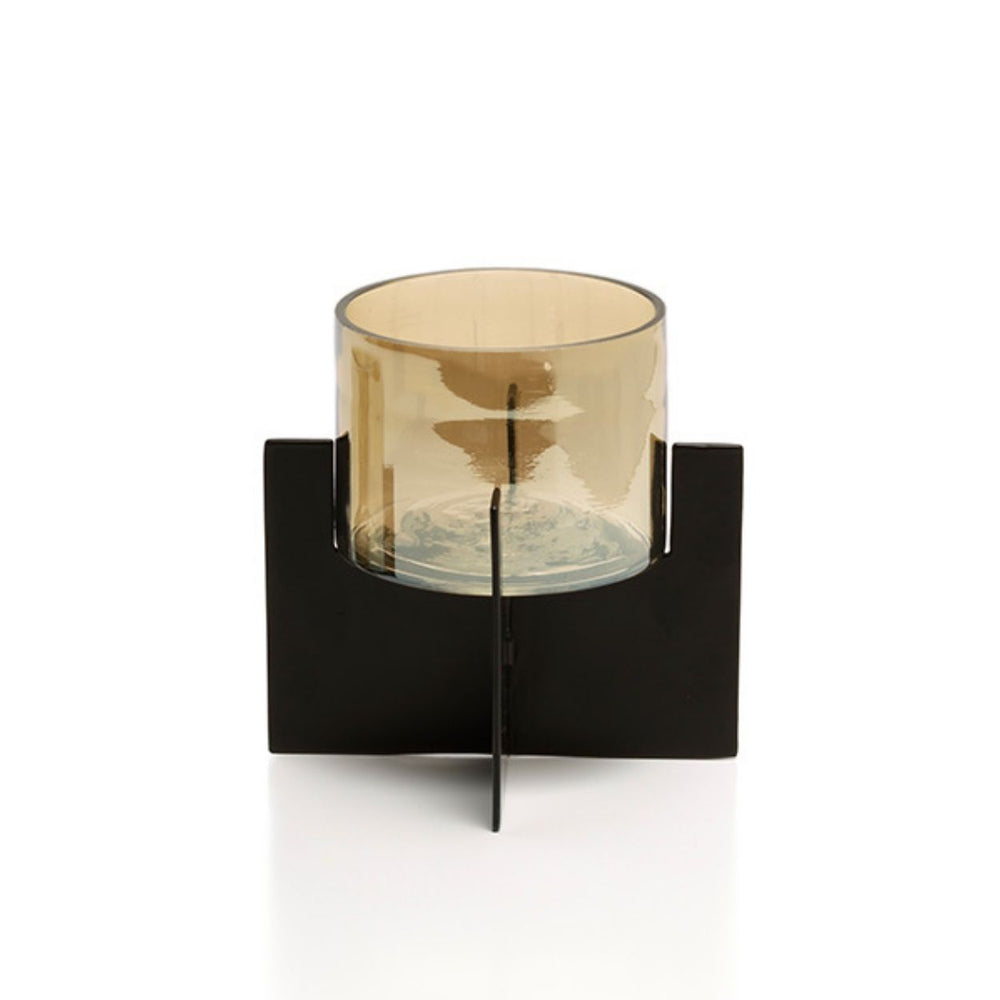 A black hurricane candle holder with a tall, standing design that adds elegance and warmth to any room.