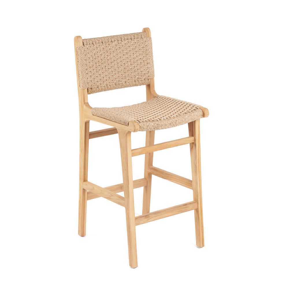 A reclaimed teak bar chair with a woven-cord backrest and seat.