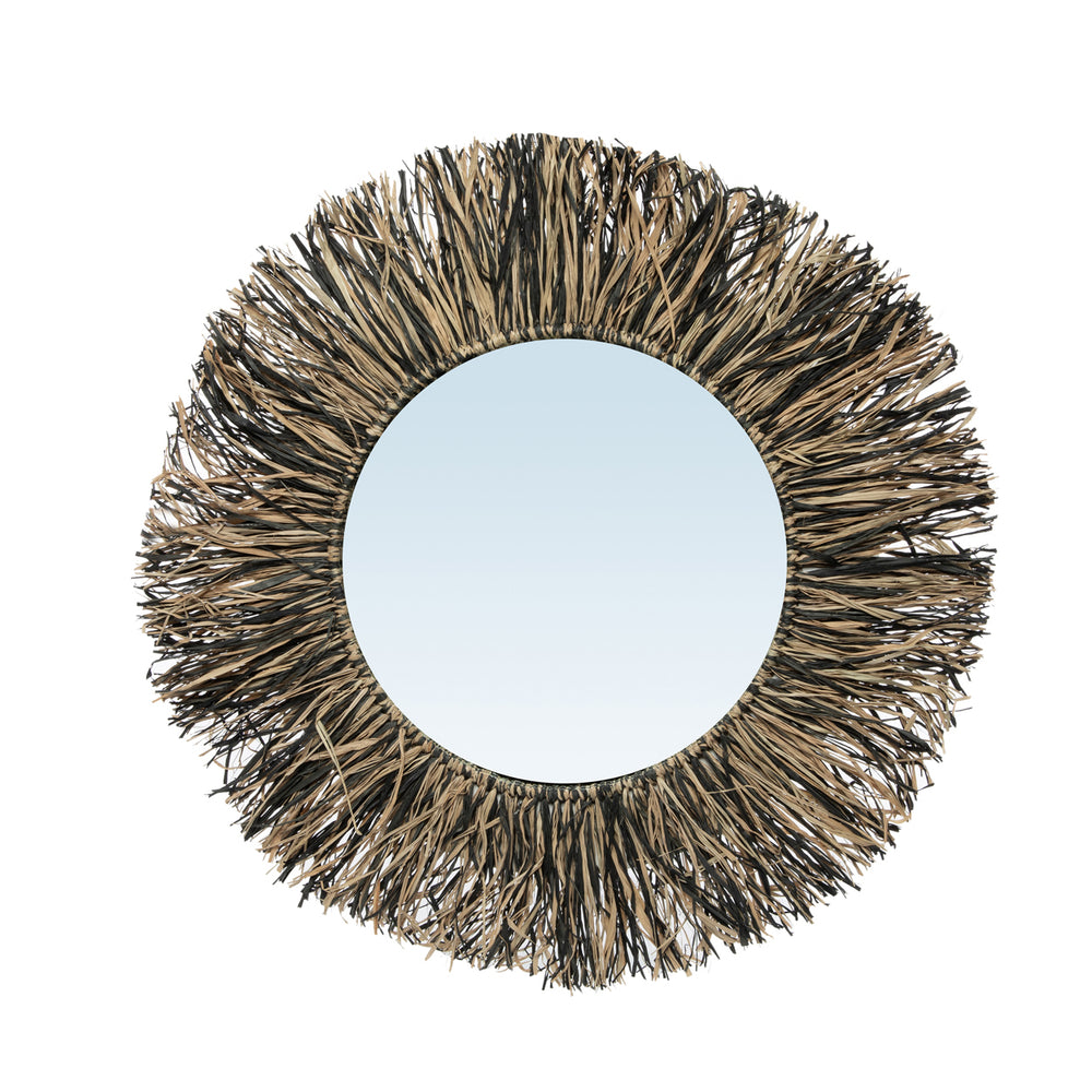 Black raffia fringe round mirror with circular symmetry for walls.