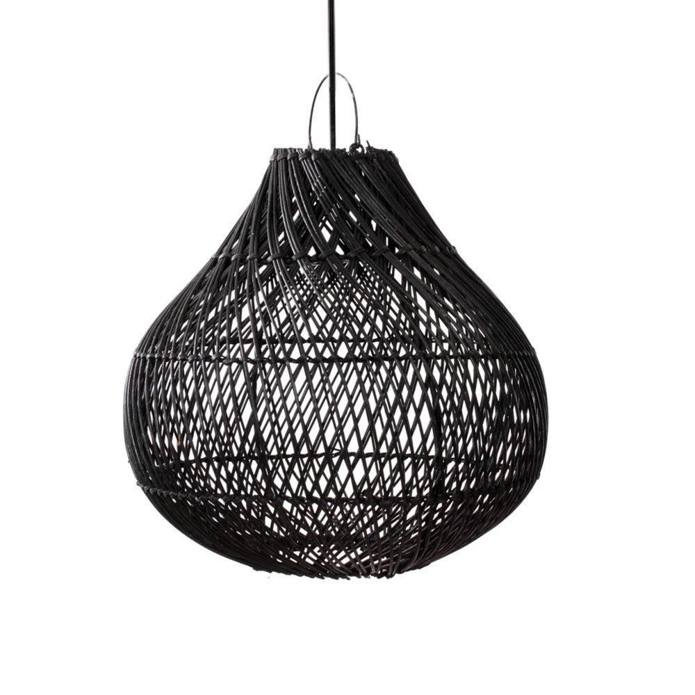 A medium black rattan light shade with a classic bottle silhouette, handwoven in deep black rattan for living rooms and dining spaces.