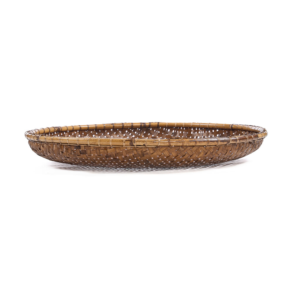 A large bamboo tray in a natural brown hue, enriched with a classic twill weave pattern.