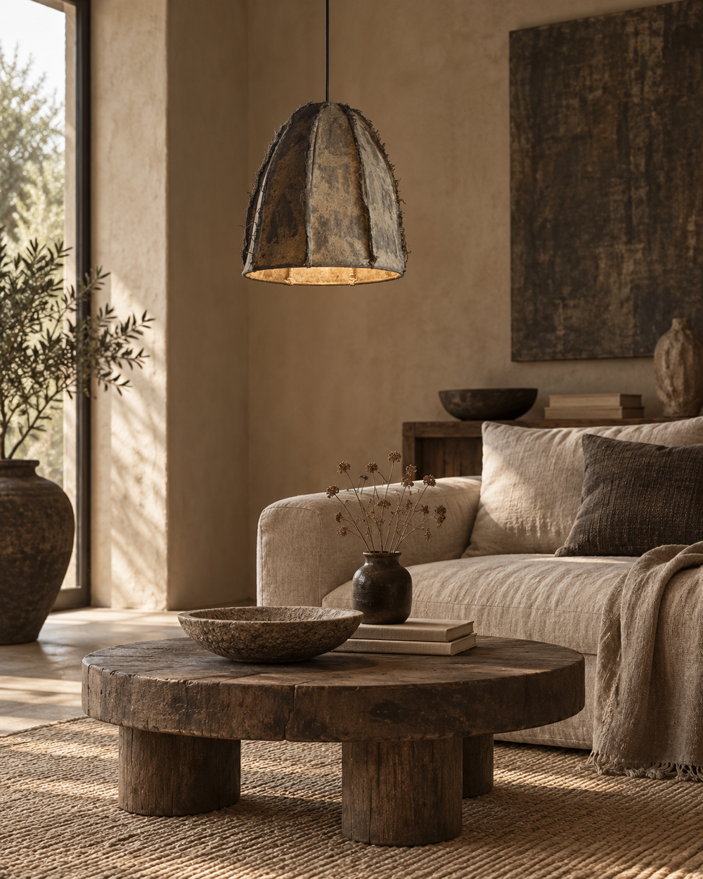 Paper Mache and Jute Hanging Lamp - L