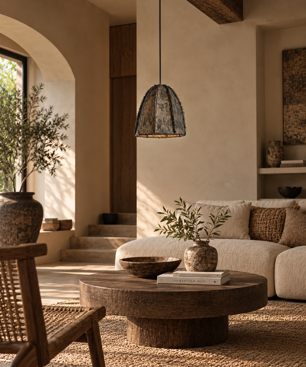 Paper Mache and Jute Hanging Lamp - L