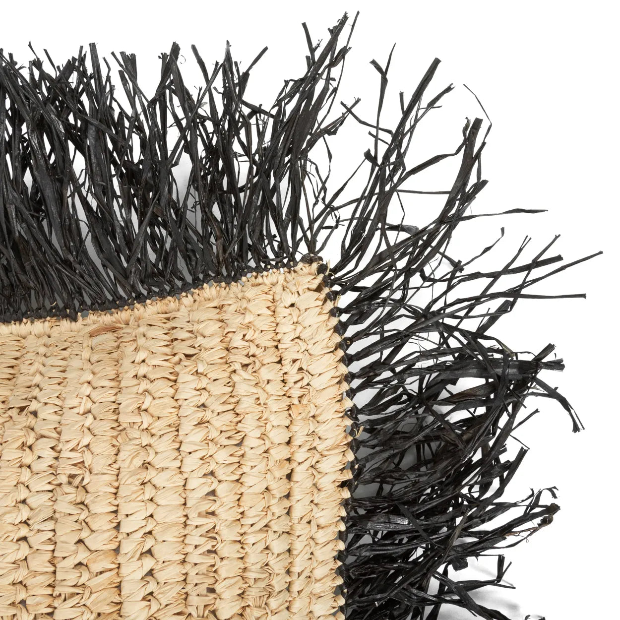 40x40 handwoven raffia cushion cover, natural black color, ideal for modern interiors.