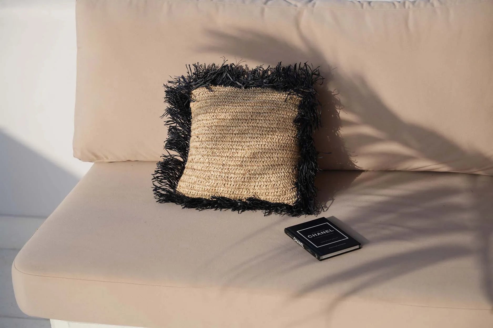 Handmade handwoven raffia cushion cover 40x40, a sustainable choice for home decor.