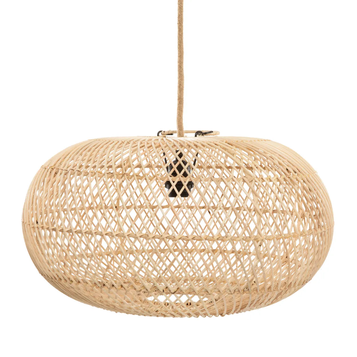 Woven rattan pendant lamp shade with curved shape, ideal for adding soft light and texture.