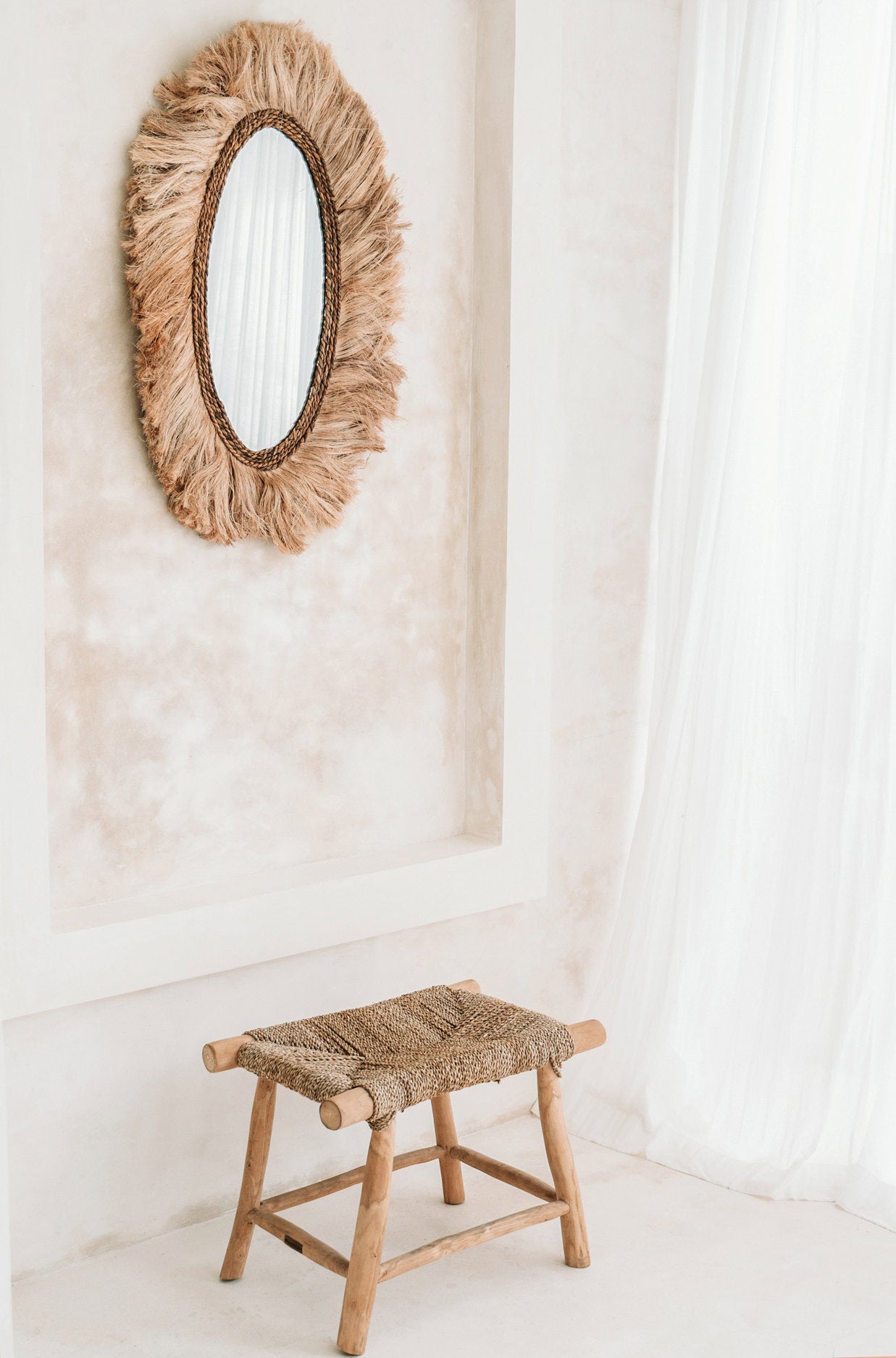 Seagrass boho stool in medium size perfect for minimalist interiors