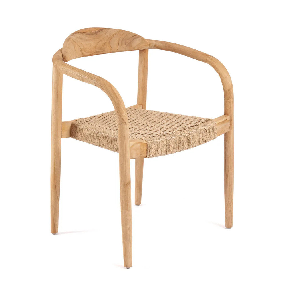 A teak armchair for the patio with tapered legs, a rounded barrel-style form, and a textural seat weave.