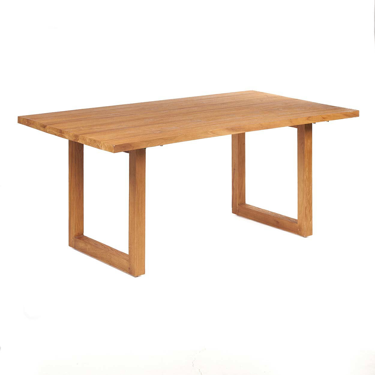 Outdoor teak dining table with clean lines and natural finish, perfect for garden dining areas. 