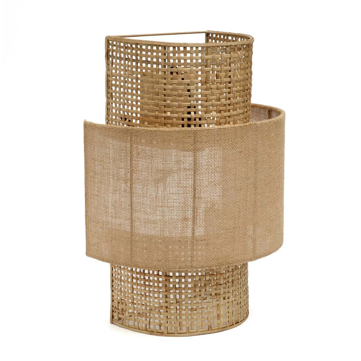 Medium-sized jute wall lamp casting a warm glow, designed to complement bohemian and natural decor styles.