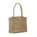 A woven raffia shoulder bag with reinforced cord handles, enriched with clean and continuous lines from top of bottom of the bag.