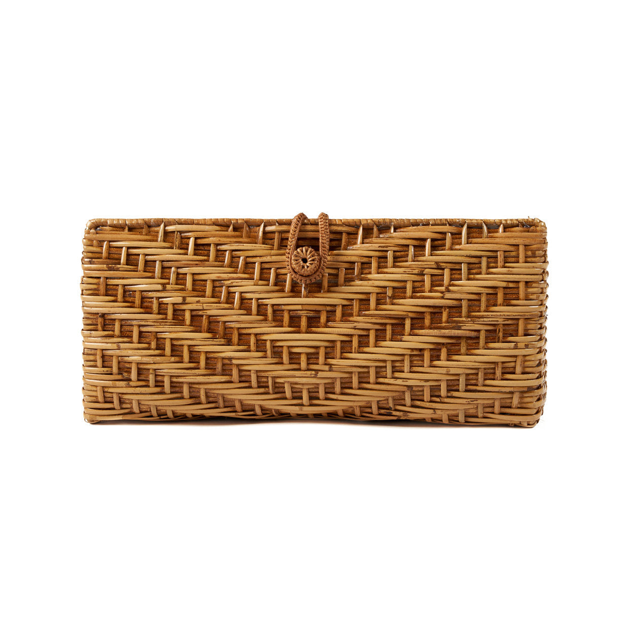 Close-up of a woven natural raffia clutch bag, showing intricate artisan craftsmanship and unique weave patterns.