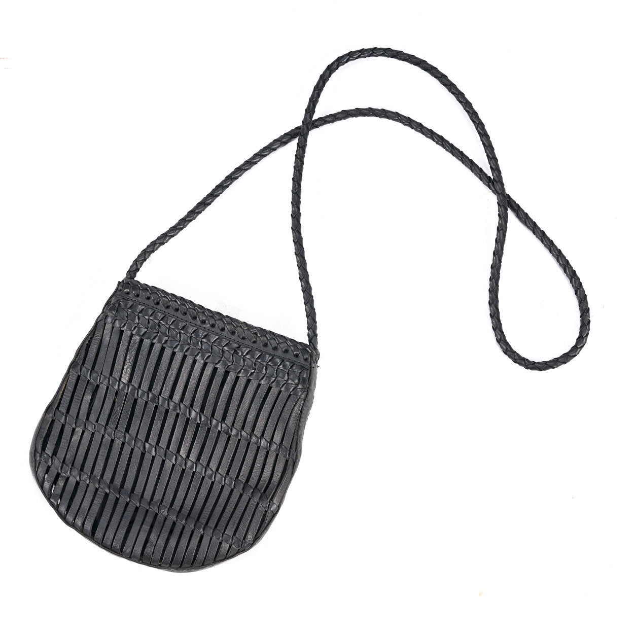 Black woven handbag with a strap on a white background