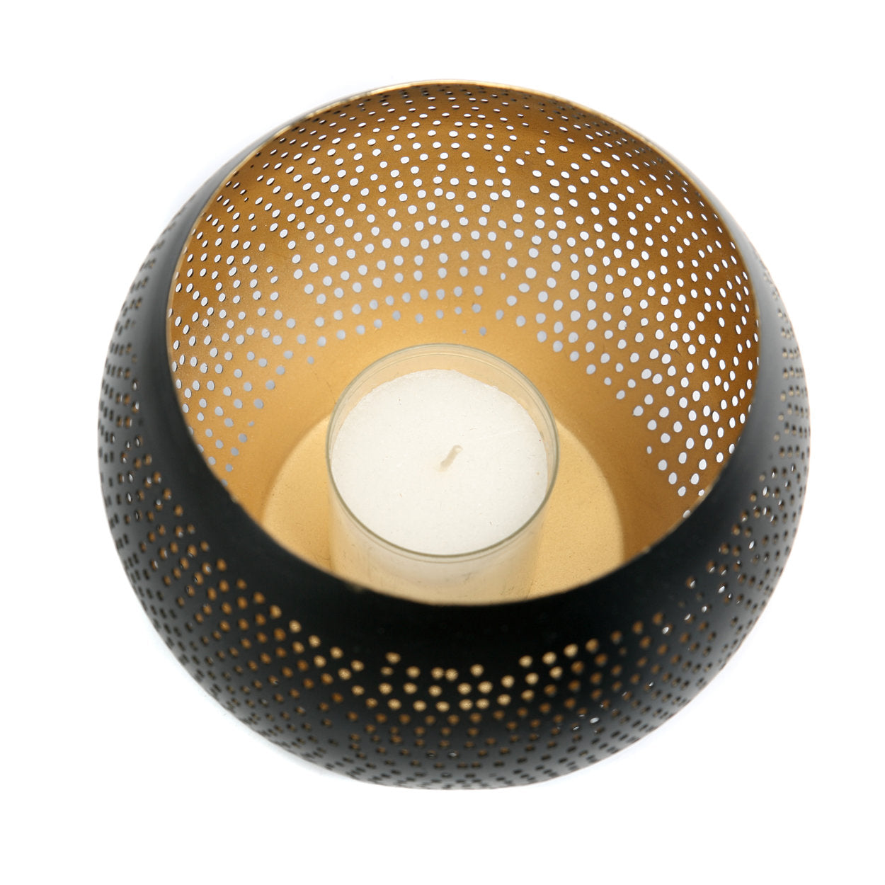 Modern black gold candle holder, medium brass sphere with decorative perforations.