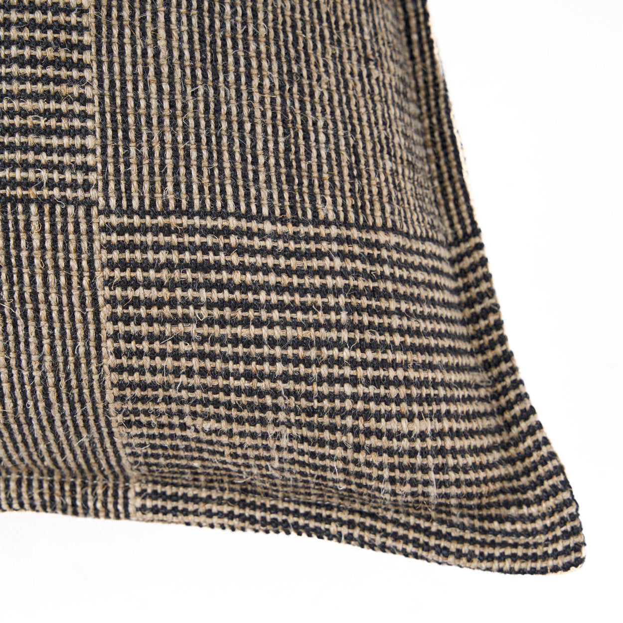 Breathable premium linen throw pillow cover with natural texture in black and beige tones
