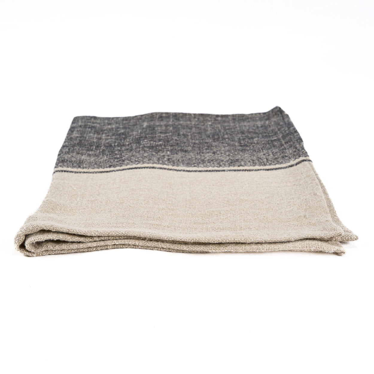 Soft, absorbent natural black linen kitchen towel with rustic two-tone shades of black and beige, sized 50x70 cm.
