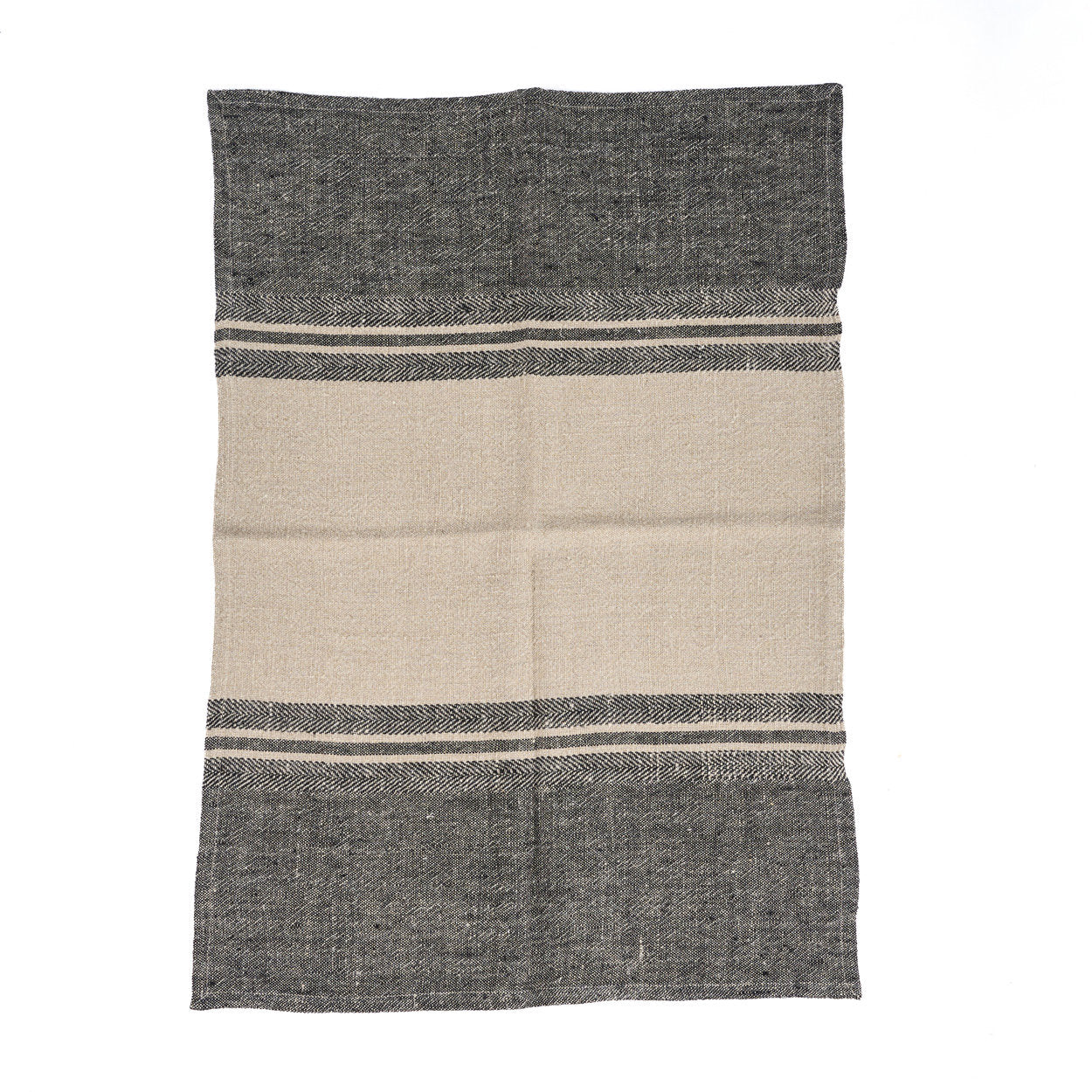 The Linen Dash Kitchen Towel in natural black, a 50x70 cm linen towel with rustic black and natural stripes for farmhouse style kitchens.
