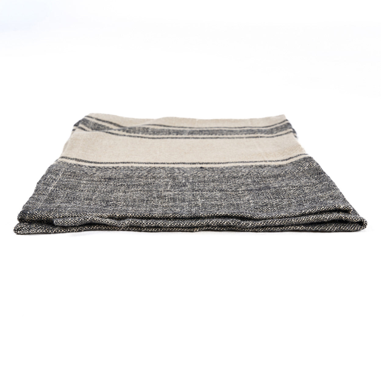  50x70 linen kitchen towel with subtle black and natural dash stripes, combining rustic charm with modern boho style.