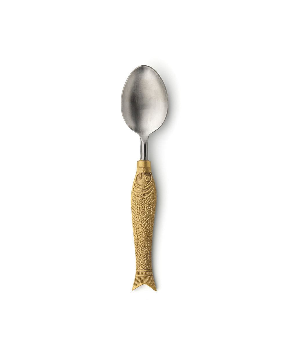 Handcrafted brass fish-shaped serving spoon with warm gold finish, ideal for jams, spices, or small bites.