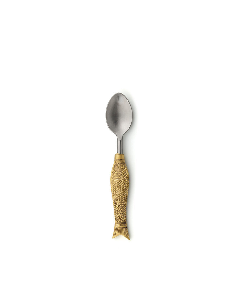 Small handcrafted brass fish-shaped spoon with golden finish, perfect for coffee, dessert, or spice jars.