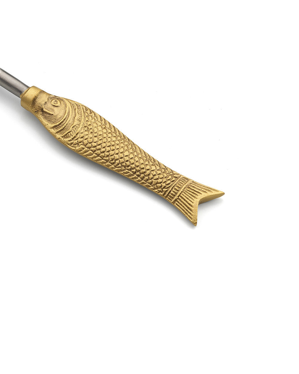 Petite brass fish serving spoon, whimsical design ideal for boho or eclectic table settings.