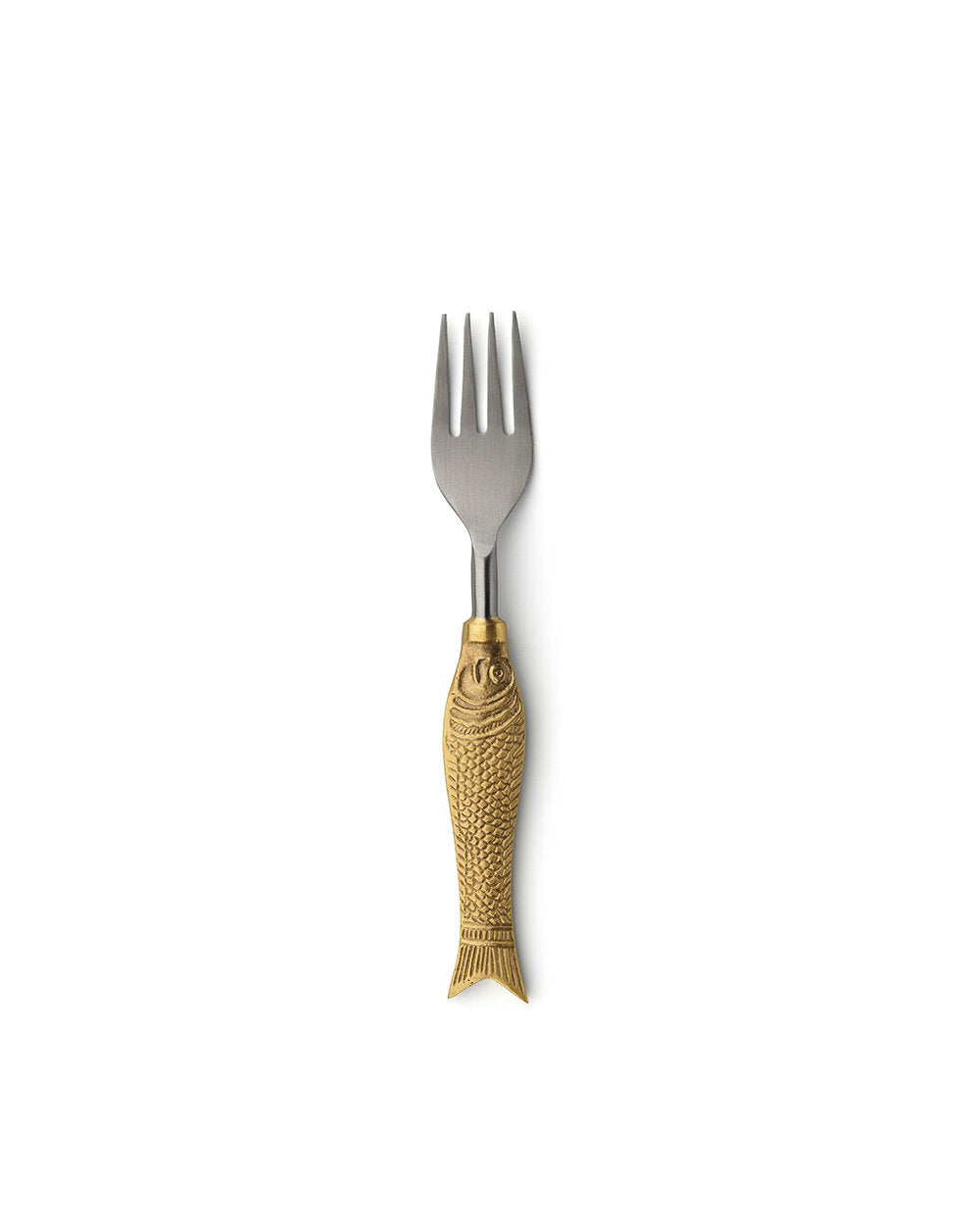 Gold appetizer fork in fish shaped design, perfect for elegant small bites