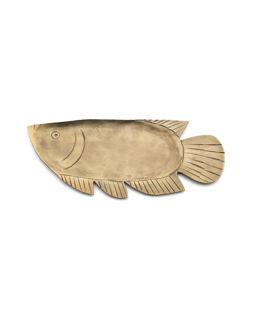Gold serving tray with fish shape design, a large and eye-catching brass statement piece