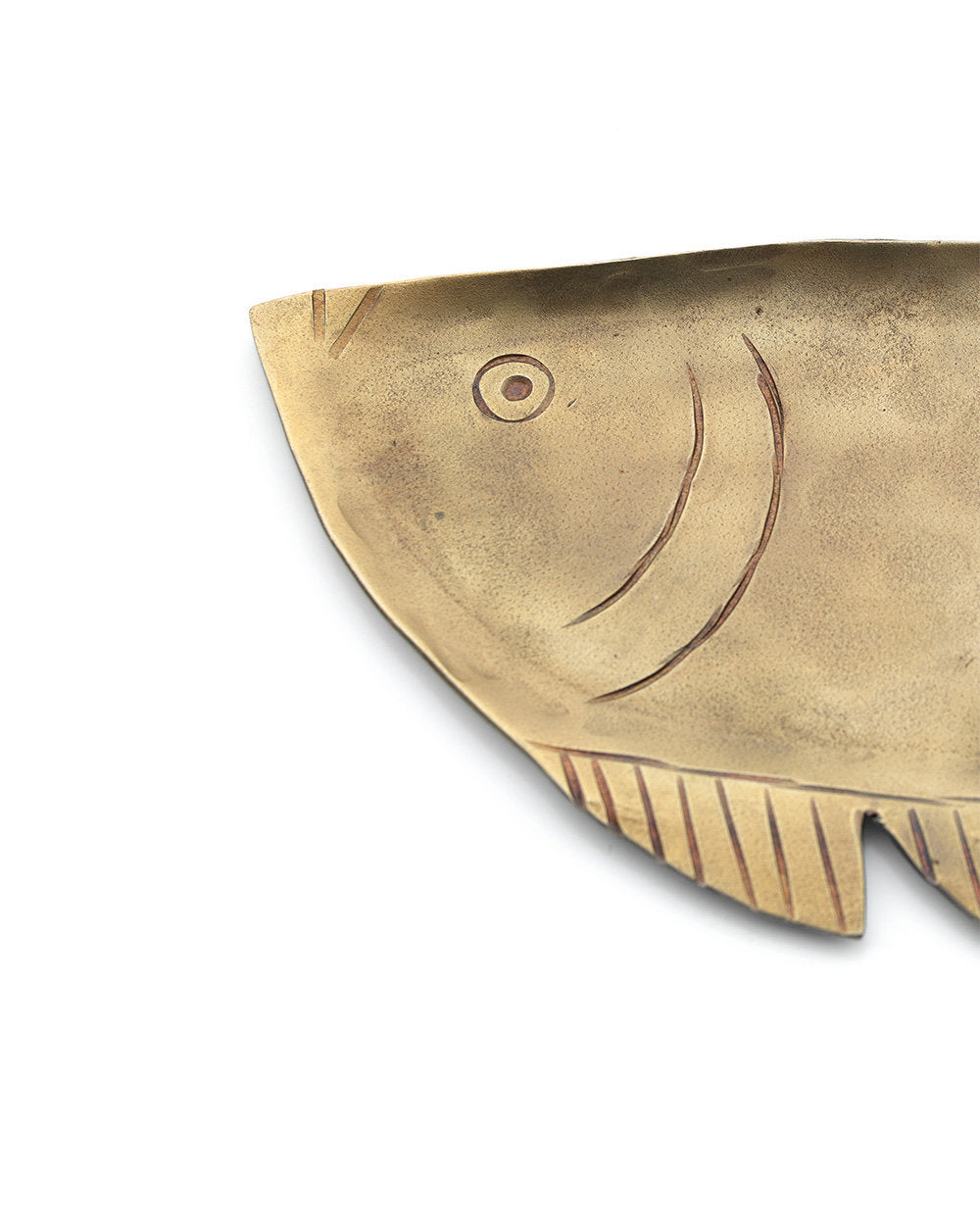 Large decorative brass tray shaped like a fish, perfect for modern table styling