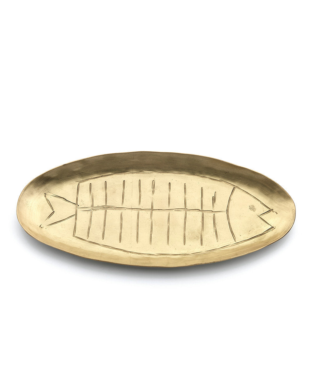 Large handcrafted brass fish-shaped tray with polished golden finish, perfect for serving seafood or snacks.