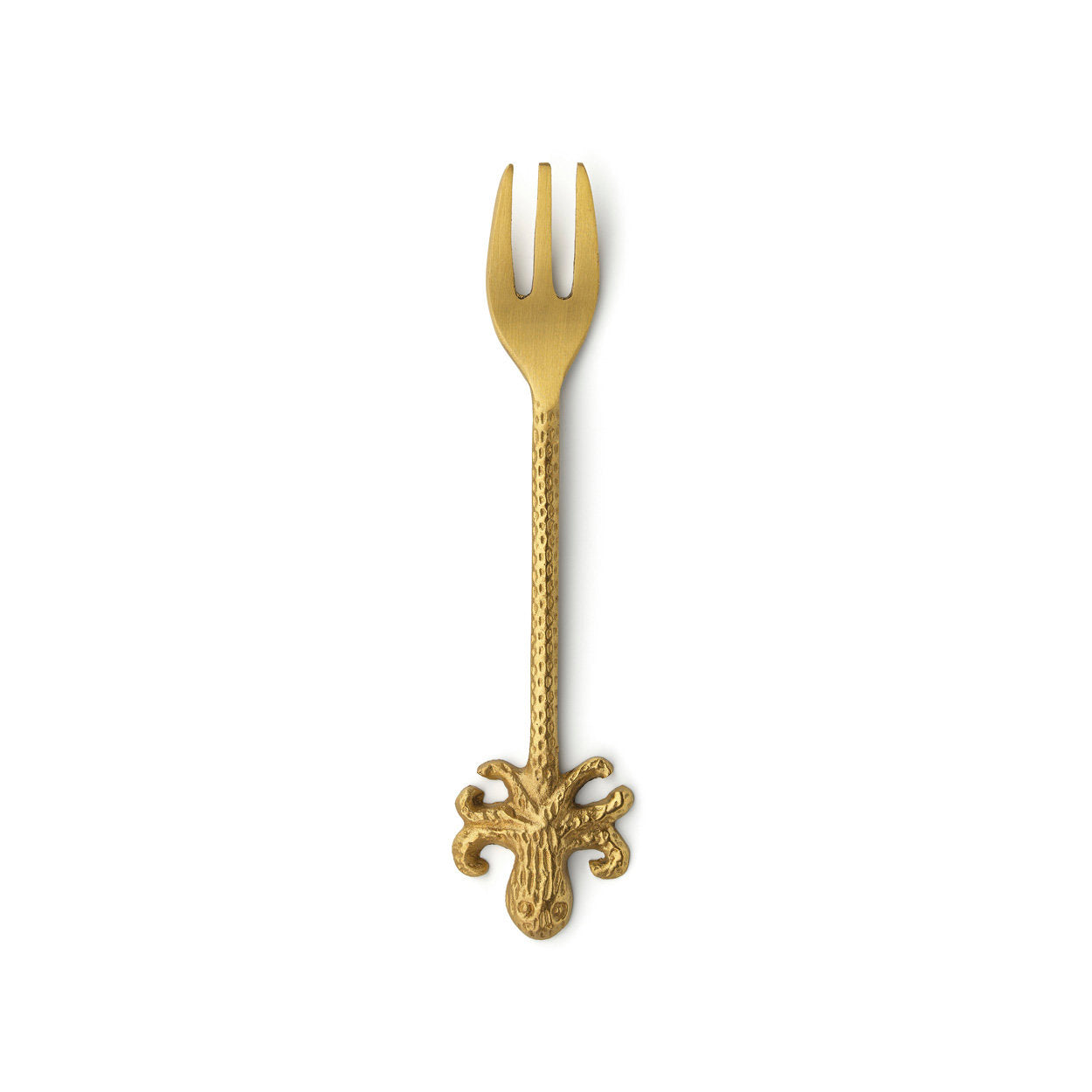 Small gold octopus-shaped fork, handcrafted for serving seafood, appetizers, or small bites with style.