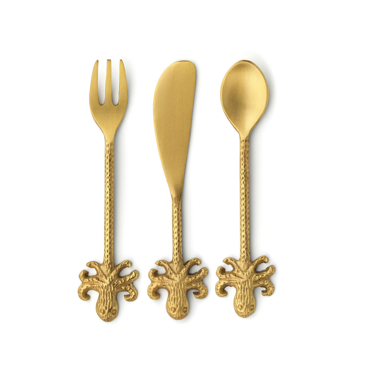Petite gold fork with octopus-inspired handle, practical for tabletop use and decorative dining rituals.