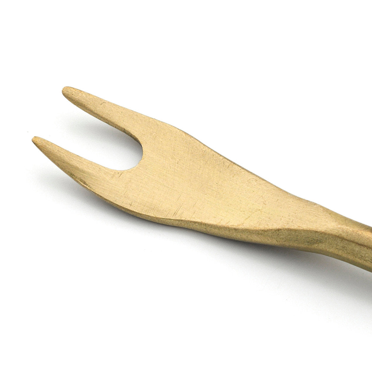 Gold tasting fork designed for finger foods, elegant and compact for entertaining

