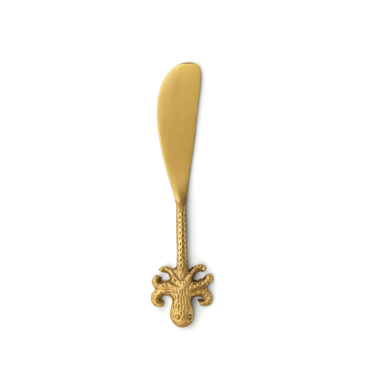 Gold spreader knife with octopus handle design, perfect for soft cheeses and spreads.