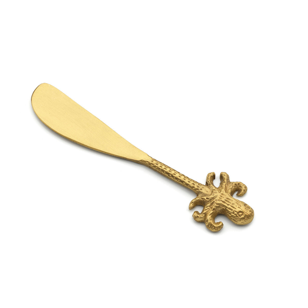 Compact gold spreader knife crafted from durable brass, perfect for serving butter and jam.