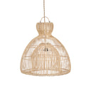A mini ceiling light is woven from natural rattan with a compact, sculptural design.