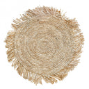 Woven round raffia placemat featuring a spiral weave pattern and raw frayed edges, organic dining accessory.