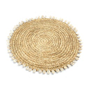 Raffia shell placemat handcrafted with delicate shell accents, perfect for adding rustic charm to your dining table.
