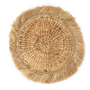 Handwoven water hyacinth placemat with raffia trim, ideal to add natural and sustainable charm to your dining table.