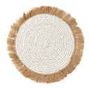 White round placemat handwoven from water hyacinth, perfect for minimalist and natural dining settings.