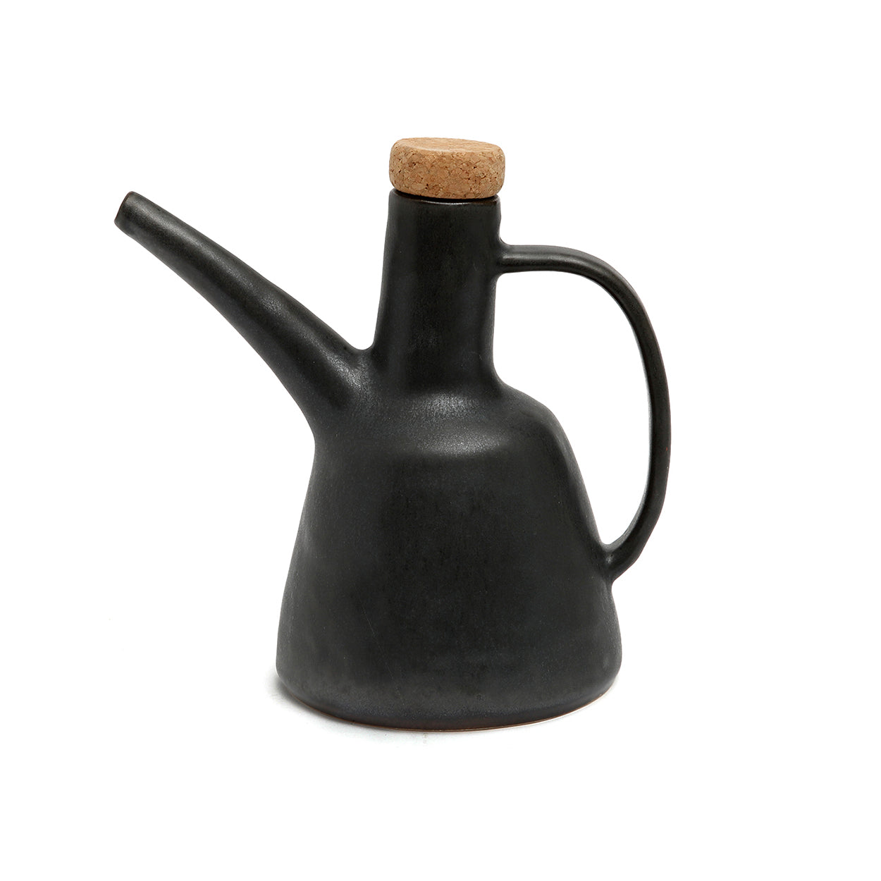 A black olive oil dispenser for everyday use with handle and natural cork.