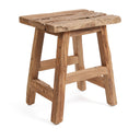 A solid wood stool from reclaimed teak wood with natural, rustic textures. Designed with four feet and footrest.