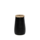 A black terracotta vase for table with fibrous raffia along the upper rim and sleek body.
