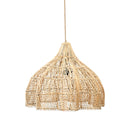 Handwoven pendant light fixture in medium size and natural tone, ideal for dining rooms or a cozy reading area.