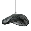 A grand black pendant light in cloud, wavy design, woven from rattan by Indonesian artisans.