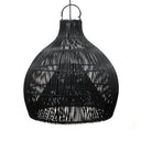 A black lamp shade in large size, made from natural rattan, utilizes a distinct vertical alignment pattern.