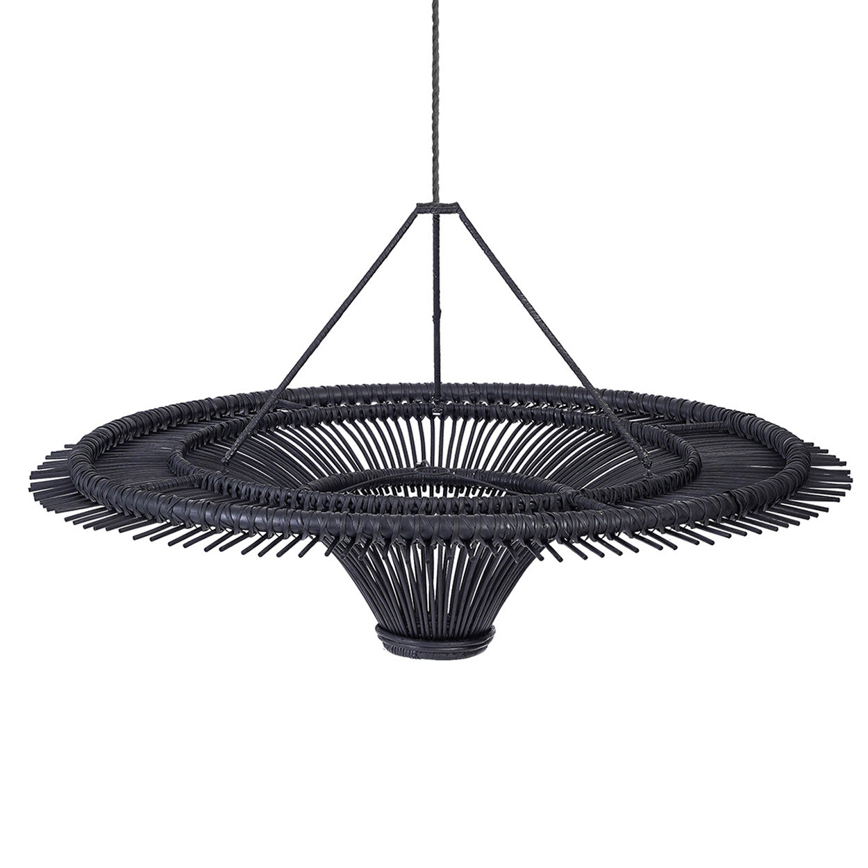 An oversized pendant light fixture of rich character, handcrafted entirely from natural rattan by skilled artisans in Indonesia.