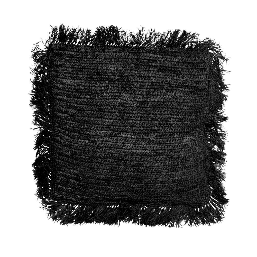 Handwoven raffia cushion cover 60x60 cm in black color with frayed fringe.
