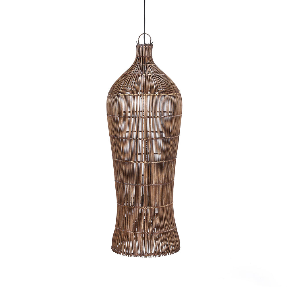 Natural bamboo lampshade with dark walnut tone, handwoven in Bali with unique form. 